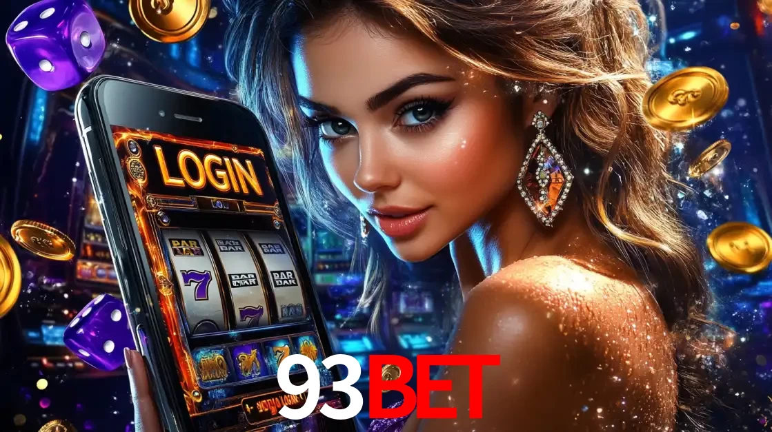 Mulher glamorosa segurando um smartphone com a tela de login para os jogos de caça-níqueis do cassino online 93BET, com moedas de ouro e dados ao redor.