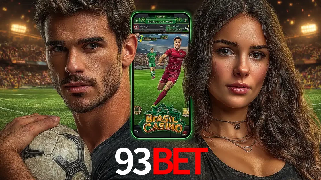 Homem segurando uma bola de futebol e uma mulher ao lado de um smartphone exibindo o jogo de apostas esportivas da 93BET. Faça seu palpite no cassino online.